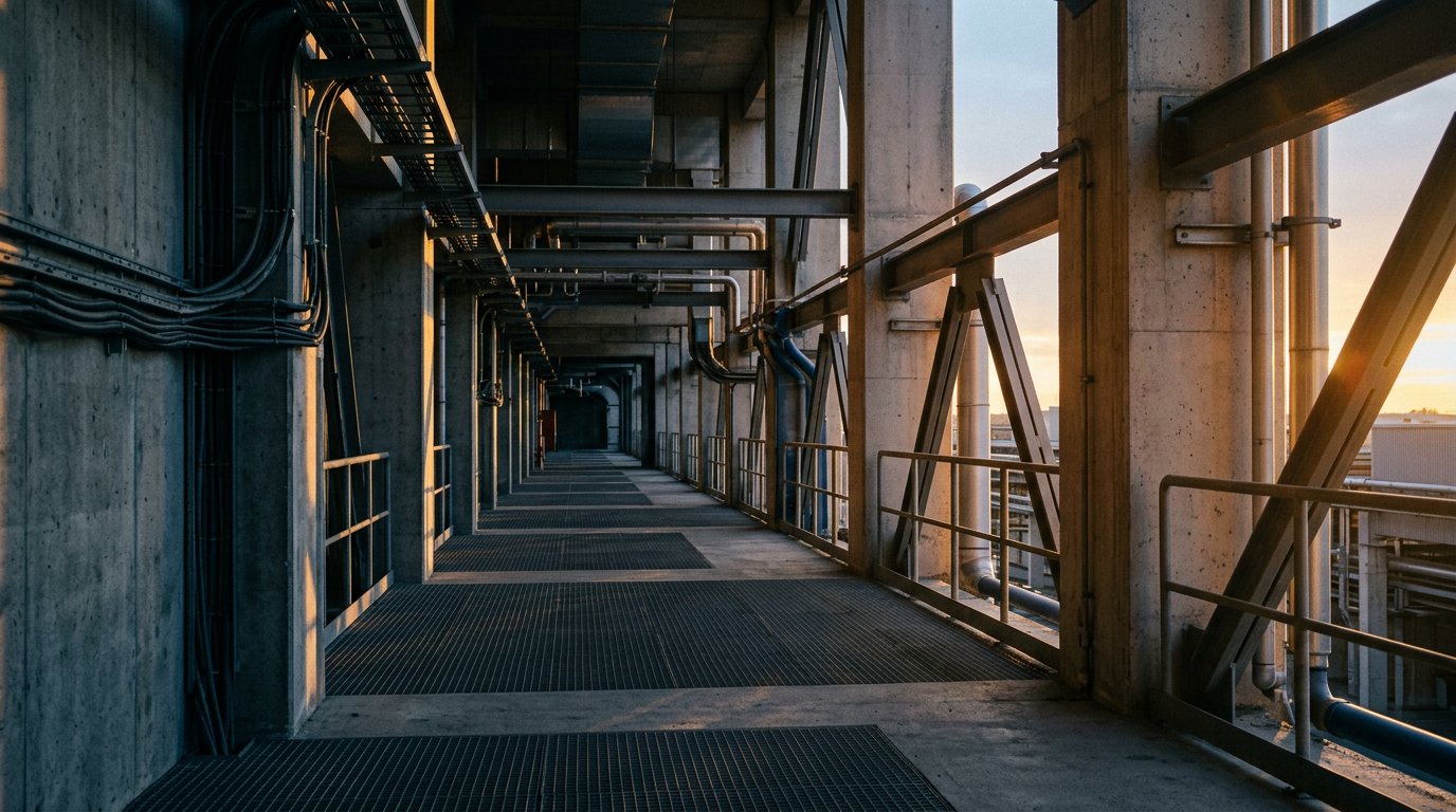 Concrete and steel infrastructure corridor at golden hour