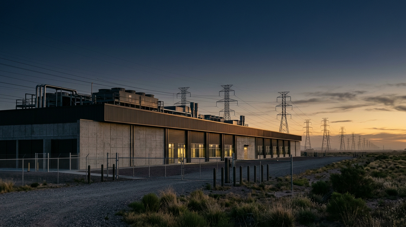 Hyperscale data center exterior at dusk with transmission towers