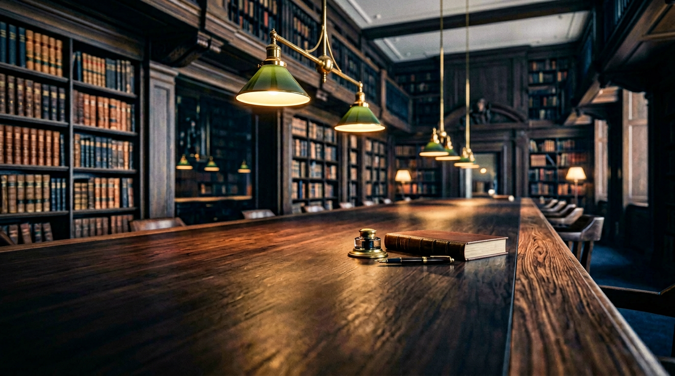 Institutional reading room with long walnut table